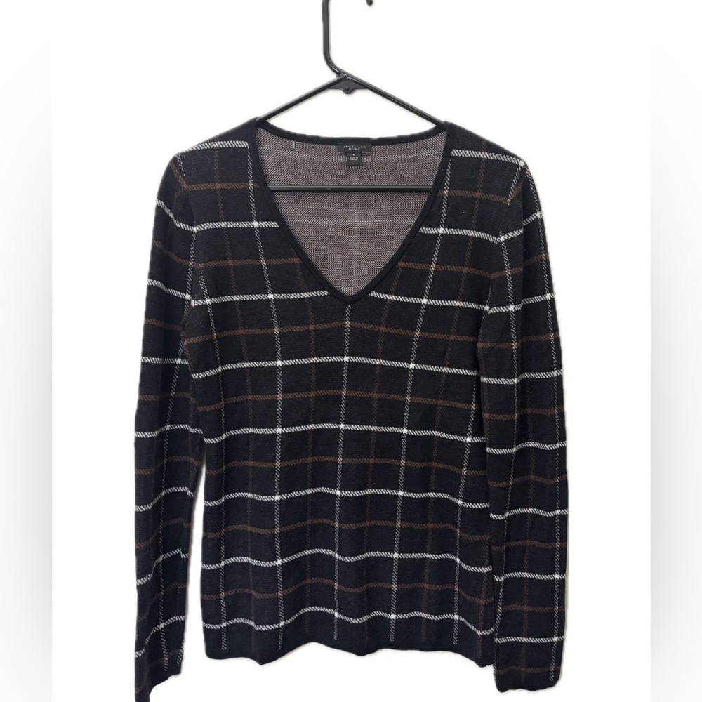 Ann Taylor Factory Plaid V-Neck Sweater Women’s Medium Black Brown White 100%ctn
